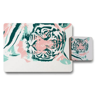 B&Q -  Tiger Art Placemats Coasters Set Wood Bottom Edition