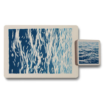B&Q -  Placemat Coaster Set Ocean Wave Designer Artwork Wood Backing Exclusive Collection