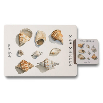 B&Q -  Sea Shells Placemat Coaster Set With Wood Bottom Elegant Seashell Art Collection Limited Edition