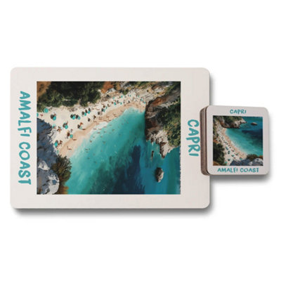 Benjamin Tate Design Amalfi Coast Placemat And Coaster Set Capri Edition Designer Artwork With Wood Base from B&Q