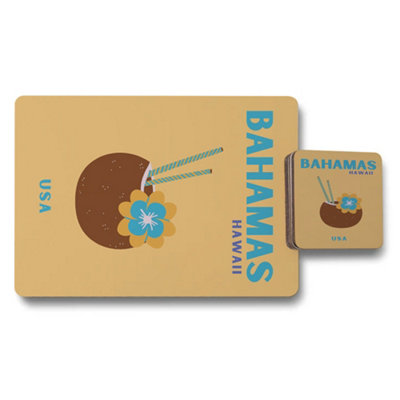 B&Q -  Bahamas Hawaii Collection Placemats And Coasters Set 12 Wood Bottom Limited Edition