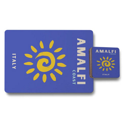 Benjamin Tate Design Amalfi Coast Placemat And Coaster Set Italy Sun Artwork Designer Print On Wood Bottom Limited Edition from B&Q