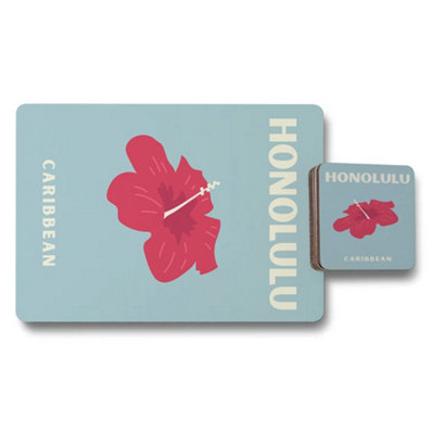 B&Q -  Honolulu Caribbean Placemat Coaster Set Designer Artwork Wood Bottom Limited Edition