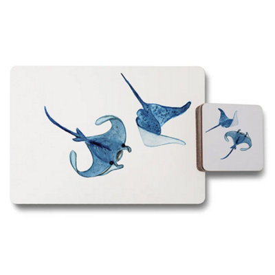 B&Q -  Blue Marine Abstract Artwork Placemat And Coaster Set With Wood Bottom Limited Edition
