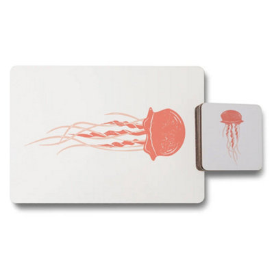 B&Q -  Placemat Coaster Set Designer Artwork Coral Jellyfish Print Wood Bottom 12 Piece Limited Edition