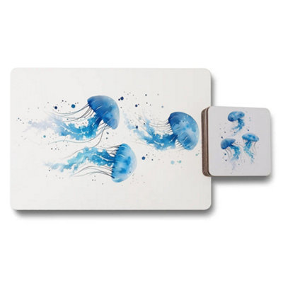 B&Q -  Artisanal Jellyfish Wood Backed Placemat Coaster Set Limited Edition Oceanic Collection
