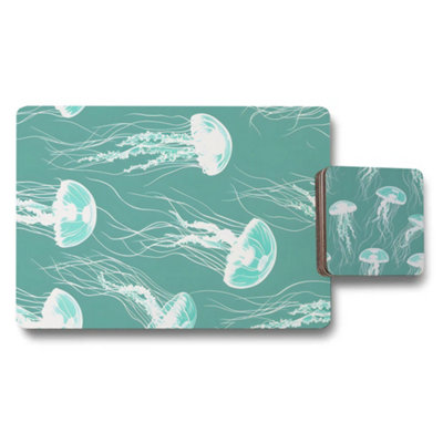 B&Q -  Set Of 12 Teal Jellyfish Placemat And Coaster Set With Wood Bottom