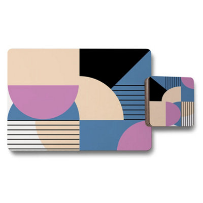 B&Q -  Geometric Abstract Placemat And Coaster 12 Piece Set With Wood Backing