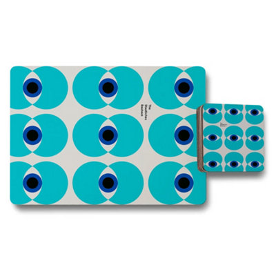B&Q -  Set Of 12 Teal Eye Pattern Placemats And Coasters With Wood Bottom