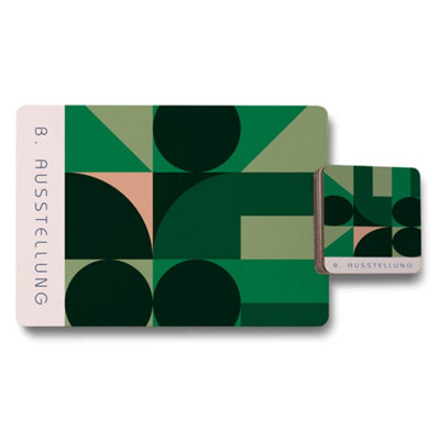 B&Q -  Geometric Green Placemat Coaster Set 11X8 Placemats 3.7X3.7 Coasters