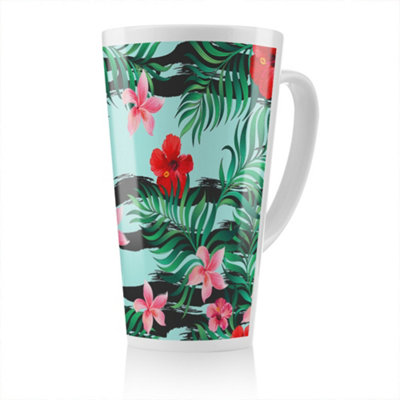 B&Q -  Red & Pink Tropical Plants Latte MugStunning Designer Mug Fit For Any HomeTreat Yourself Or A Loved One