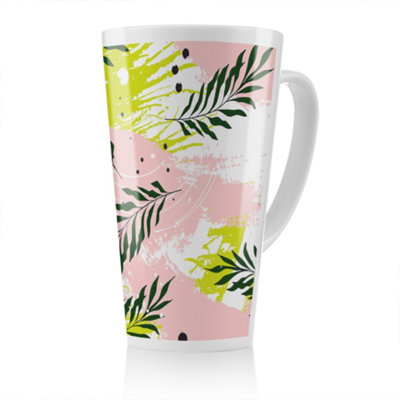 B&Q -  Green Leaves On Brush Strokes Latte MugStunning Designer Mug Fit For Any HomeTreat Yourself Or A Loved One