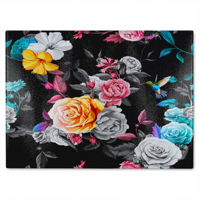 Benjamin Tate Design Humming Bird Roses Peony With Leaves Glass Chopping Boarddesigner Style from B&Q