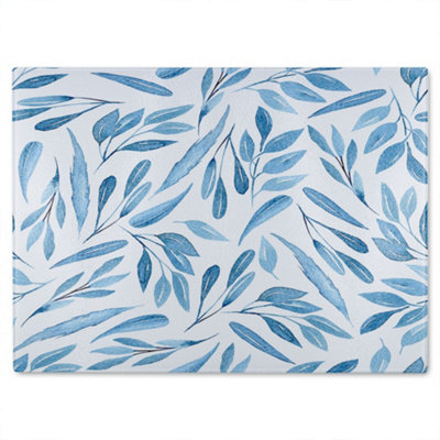 B&Q -  Watercolour Blue Branches With Leaves Glass Chopping Board