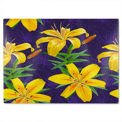 B&Q -  Yellow Lily Flowers Glass Chopping Board