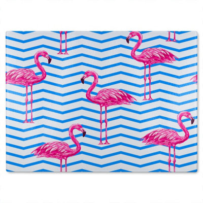B&Q -  Flamingo & Blue Geometric Lines Glass Chopping Board