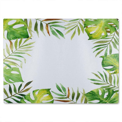 Benjamin Tate Design Border Of Botanical Leaves Glass Chopping Board