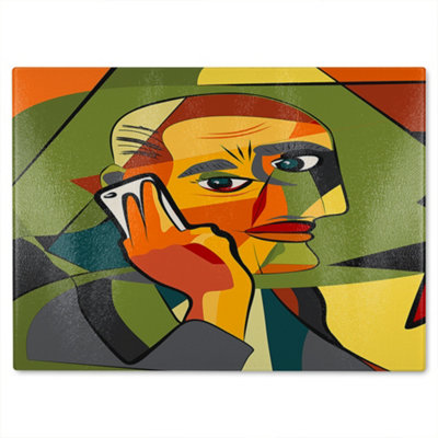 B&Q -  Portrait Cubism Art Style,man Calls On A Phone Designer Glass Chopping Board