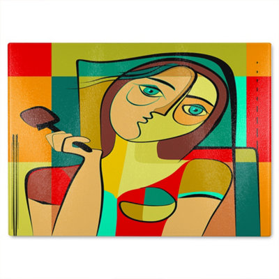 B&Q -  Woman With Chocolate In Hand Designer Glass Chopping Board