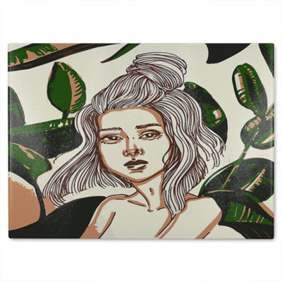 B&Q -  Young Woman In Tropical Leaves Designer Glass Chopping Board