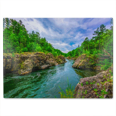 B&Q -  River In Mountain Forest Landscape Designer Glass Chopping Board