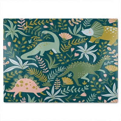 B&Q -  Hand Drawn Dinosaurs And Tropical Leaves And Flowers. Designer Glass Chopping Board