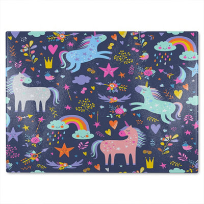 Benjamin Tate Design Unicorns On Navy Designer Glass Chopping Board