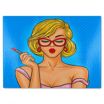 B&Q -  Pop Art Illustration Woman Paints Her Lips Designer Glass Chopping Board Designer Style