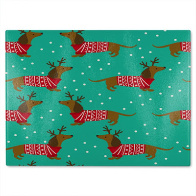 Benjamin Tate Design Dutchshunds In Christmas Dining Glass Chopping Board