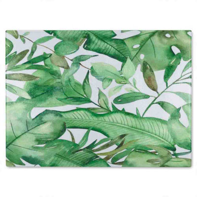 B&Q -  Watercolour Green Tropical Leaves Glass Chopping Board