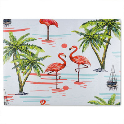 B&Q -  Flamingo & Palm Trees Glass Chopping Boarddesigner Style