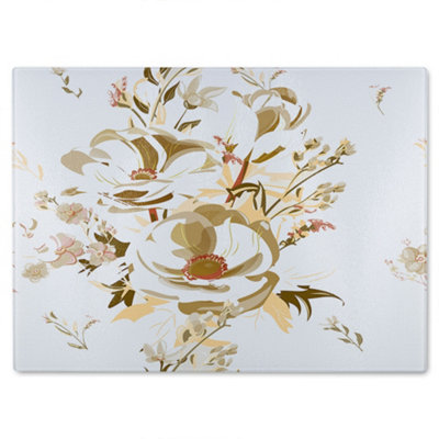 B&Q -  Golden Flower Print Glass Chopping Board
