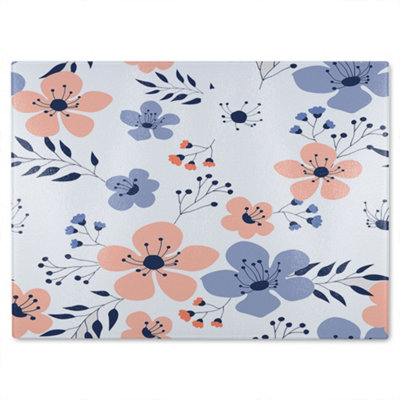 B&Q -  Pink & Blue Flowers Glass Chopping Board