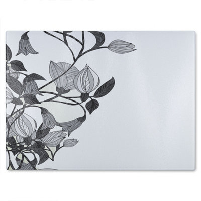 Benjamin Tate Design Black & White Flower Illustration Glass Chopping Boarddesigner Style from B&Q