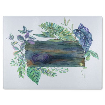 B&Q -  Green Leaves Board Glass Chopping Boarddesigner Style