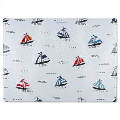 B&Q -  Red & Blue Sailboats Glass Chopping Board