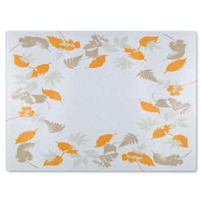 B&Q -  Orange & Grey Autumn Leaves Glass Chopping Board