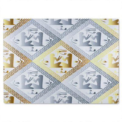 B&Q -  Egyptian Hieroglyphs In Gold & Silver Glass Chopping Board