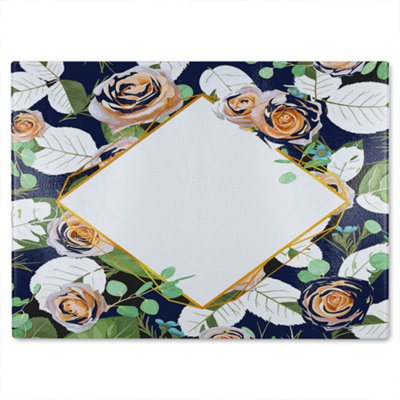 Benjamin Tate Design Decorative Flowers On Navy Glass Chopping Boarddesigner Style