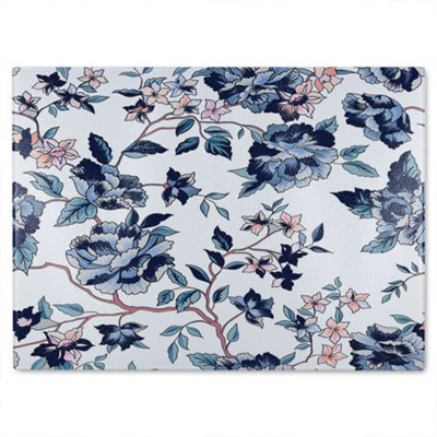 B&Q -  Blue Flower Illustrations Glass Chopping Board
