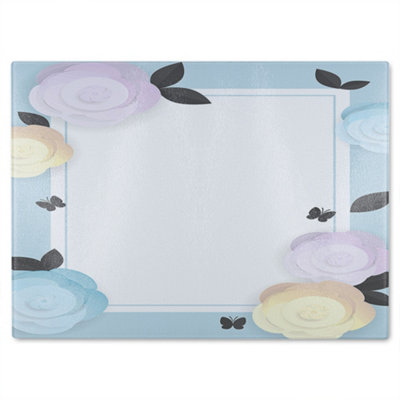 B&Q -  Pastel Colour Flowers Glass Chopping Board