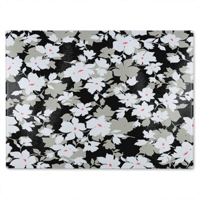 B&Q -  Grey White & Black Flowers Glass Chopping Boarddesigner Style