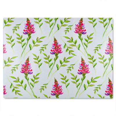 B&Q -  Pink & Green Leaves Glass Chopping Board