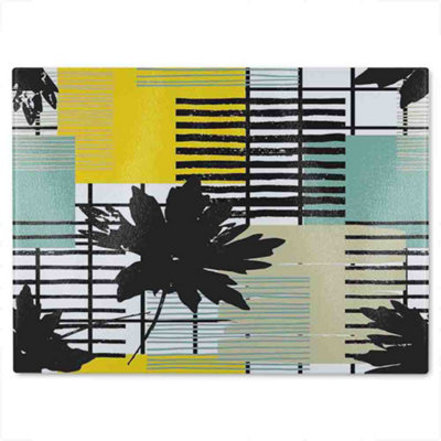 Benjamin Tate Design Geometric Shape & Leaf Print In Yellow & Green Glass Chopping Boarddesigner Style from B&Q