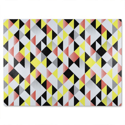 B&Q -  Yellow Pink & Black Geometric Pattern Glass Chopping Board
