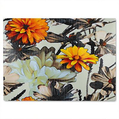 B&Q -  Orange Flower Print Glass Chopping Board