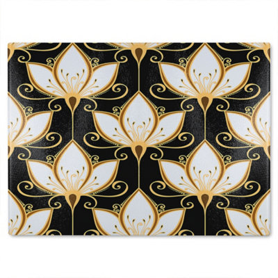 B&Q -  Black & Gold Floral Pattern Glass Chopping Board