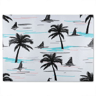 B&Q -  Palm Trees & Sailboats Glass Chopping Boarddesigner Style