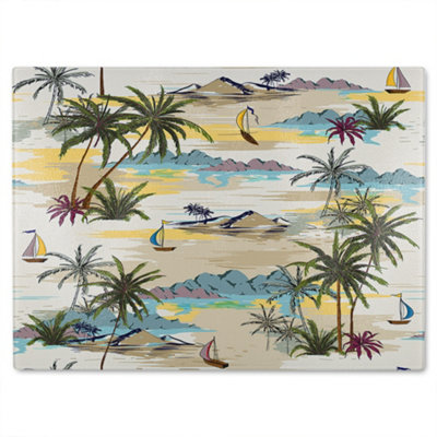 Benjamin Tate Design Palm & Sailboats Glass Chopping Boarddesigner Style from B&Q