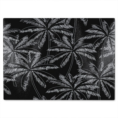B&Q -  White Palm Trees On Black Glass Chopping Boarddesigner Style